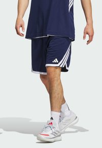 Pantalones cortos deportivos de color marino con acentos blancos, que presentan tres rayas diagonales blancas en el costado, combinados con zapatillas blancas y grises.