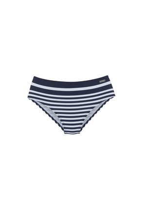 Donkerblauw en wit gestreepte bikini onderkant. Zachte stof, elastische tailleband en geschulpte randen. Bevat een klein metalen logo accent.
