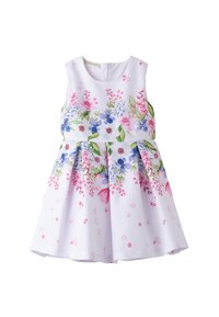 Weißes ärmelloses Kleid mit Blumenmuster in Rosa, Blau und Grün; plissee Rock; glattes Material; Reißverschluss auf der Rückseite.