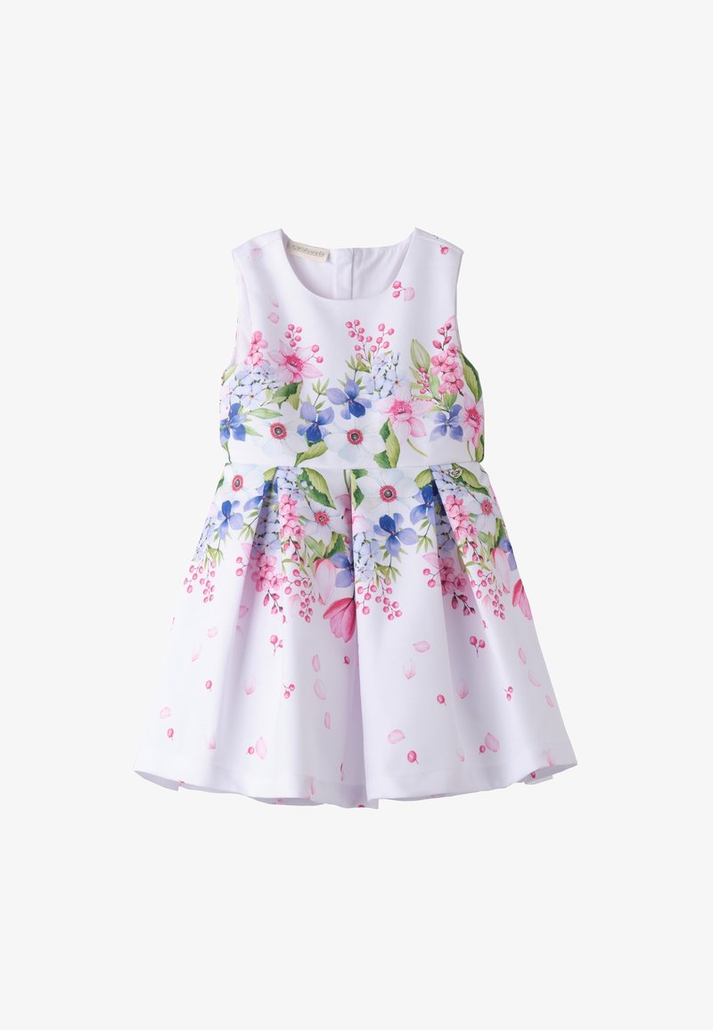 Weißes ärmelloses Kleid mit Blumenmuster in Rosa, Blau und Grün; plissee Rock; glattes Material; Reißverschluss auf der Rückseite.