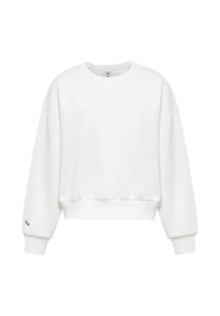White oversized sweatshirt with ribbed cuffs and hem, crew neck, and small black "M" with a heart on the left sleeve cuff.