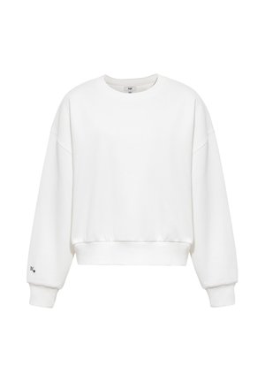 Felpa bianca oversize con polsini e orlo a coste, collo rotondo e piccolo "M" nero con un cuore sul polsino della manica sinistra.