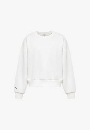 Weißer übergroßer Sweatshirt mit gerippten Bündchen und Saum, Rundhalsausschnitt und kleinem schwarzem "M" mit Herz am linken Ärmelbündchen.