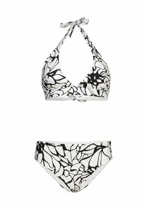 Tweedelige halterbikini met zwart-wit bloemenpatroon, bovenstuk met knoopbandjes en bijpassende hoge taille broekjes.