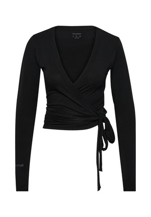 Czarny dopasowany top z długim rękawem, kopertowy, z głębokim dekoltem w serek i wiązaniem po boku, wykonany z miękkiego, elastycznego materiału.