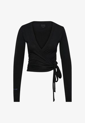 Schwarzes langärmeliges Wickeltop mit tiefem V-Ausschnitt und seitlicher Bindung, tailliert, aus weichem, elastischem Stoff.