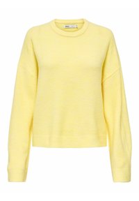 Pull jaune texturé avec un col rond et des épaules tombantes. Il présente des manches longues et un ourlet ajusté pour une coupe décontractée.