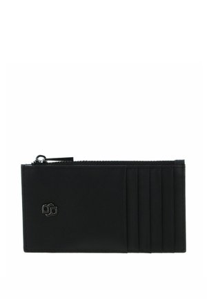 Portefeuille en cuir noir avec fermeture éclair, plusieurs emplacements pour cartes et finition texturée. Accent discret du logo de la marque à l'avant.