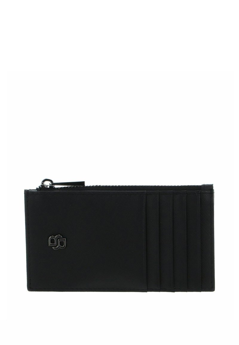 Portefeuille en cuir noir avec fermeture éclair, plusieurs emplacements pour cartes et finition texturée. Accent discret du logo de la marque à l'avant.