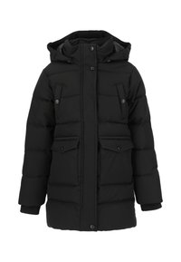 Schwarze gepolsterte Jacke mit Kapuze, vorderen Druckknöpfen und zwei großen Klappentaschen. Verfügt über gerippte Bündchen und eine gesteppten Textur.