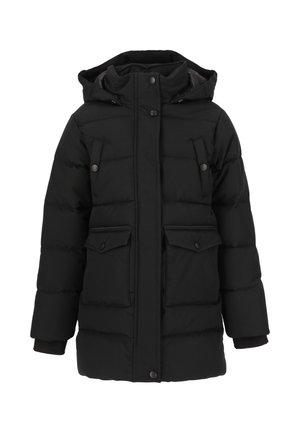 Veste noire matelassée avec capuche, boutons-pression à l'avant et deux grandes poches à rabat. Dotée de poignets côtelés et d'une texture matelassée.