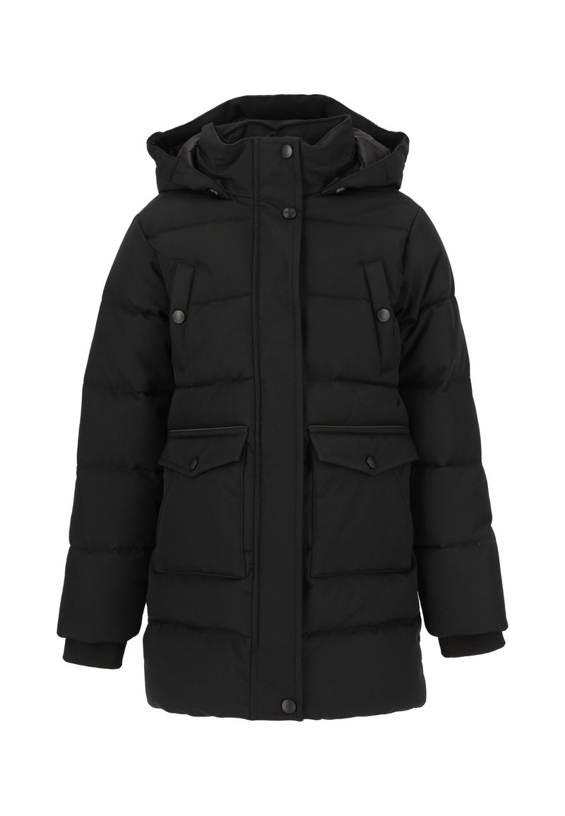 Schwarze gepolsterte Jacke mit Kapuze, vorderen Druckknöpfen und zwei großen Klappentaschen. Verfügt über gerippte Bündchen und eine gesteppten Textur.