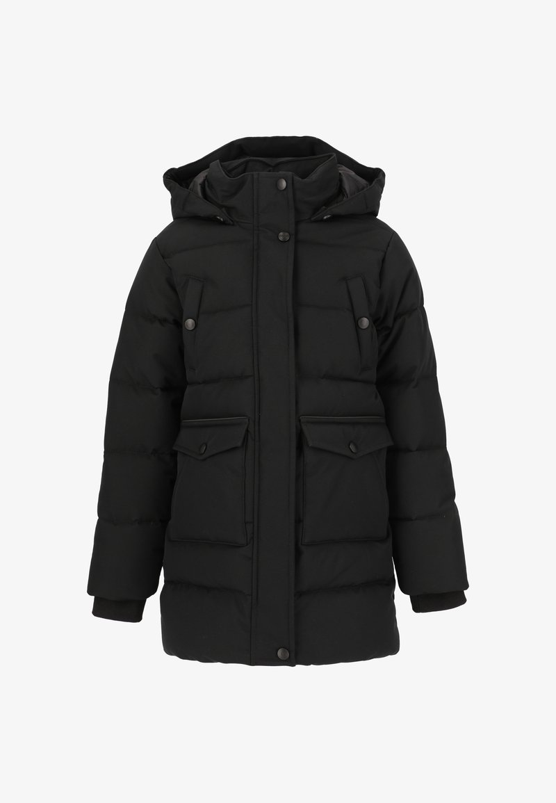 Schwarze gepolsterte Jacke mit Kapuze, vorderen Druckknöpfen und zwei großen Klappentaschen. Verfügt über gerippte Bündchen und eine gesteppten Textur.