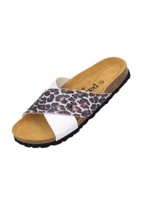 Infradito in bianco e nero con una fascia stampa leopardata, soletta in sughero e suola in gomma testurizzata, con una finitura metallica lucida sulla fascia.