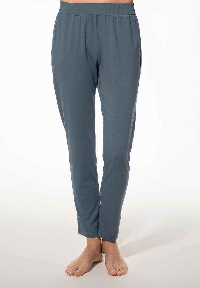 Grijze, lichtgewicht, lange broek met een elastische tailleband en een gladde textuur, met rechte pijpen en een eenvoudig ontwerp.