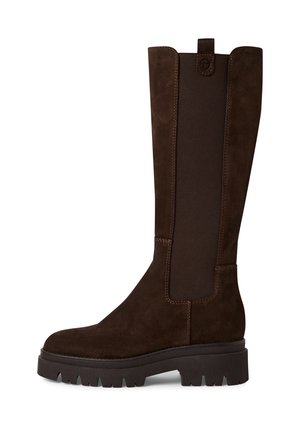 Braune kniehohe Stiefel aus Wildleder mit elastischen Seiteneinsätzen, ausgestattet mit einer dicken Gummisohle und kontrastierenden Nähten entlang der Nähte.