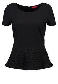 Čern�ý peplum top s hladkým horním dílem a texturovaným, prošívaným spodním dílem. Krátké rukávy a kulatý výstřih se zipem na zádech.
