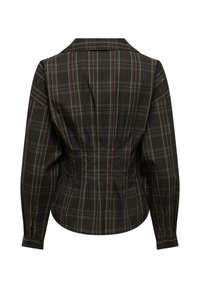 Chemise à carreaux noirs avec des lignes vertes et blanches, dotée d'un dos ajusté, d'un col large et de poignets boutonnés. Tissu lisse, design structuré.