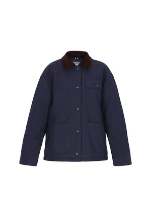 Marineblå jakke med en brun fløjlskrave, frontlukning med knapper, to store påsyede lommer og en brystlomme. Blødt stof.