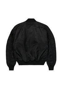 Schwarze Bomberjacke von hinten gezeigt mit geripptem Kragen, Bündchen und Bund, aus glänzendem, glattem Stoff und langen Ärmeln.