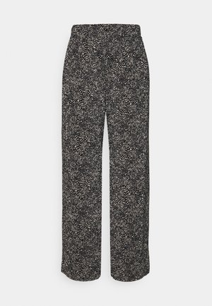 Czarno-białe szerokie spodnie w wzory z elastycznym pasem, z drobnym, teksturowanym wzorem przez całą powierzchnię. Casualowy design dla komfortu.