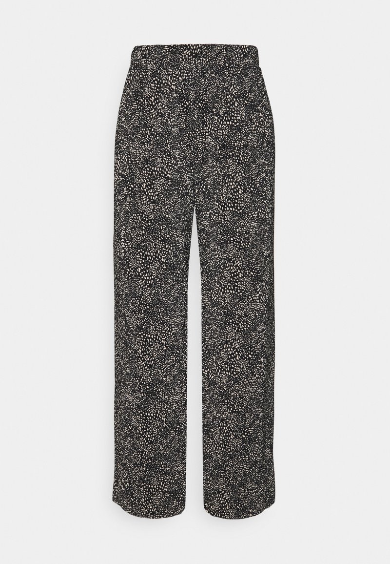 Zwart-wit gestreepte wijde broek met een elastische tailleband, met een gespikkelde textuur. Casual ontwerp voor comfort.