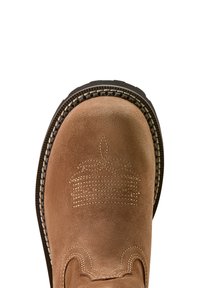 Braune Wildleder-Ankle-Boots mit runder Zehenform, mit einem strukturierten Stichmuster und geprägt auf der Vorderseite, schwarze Gummisohle.