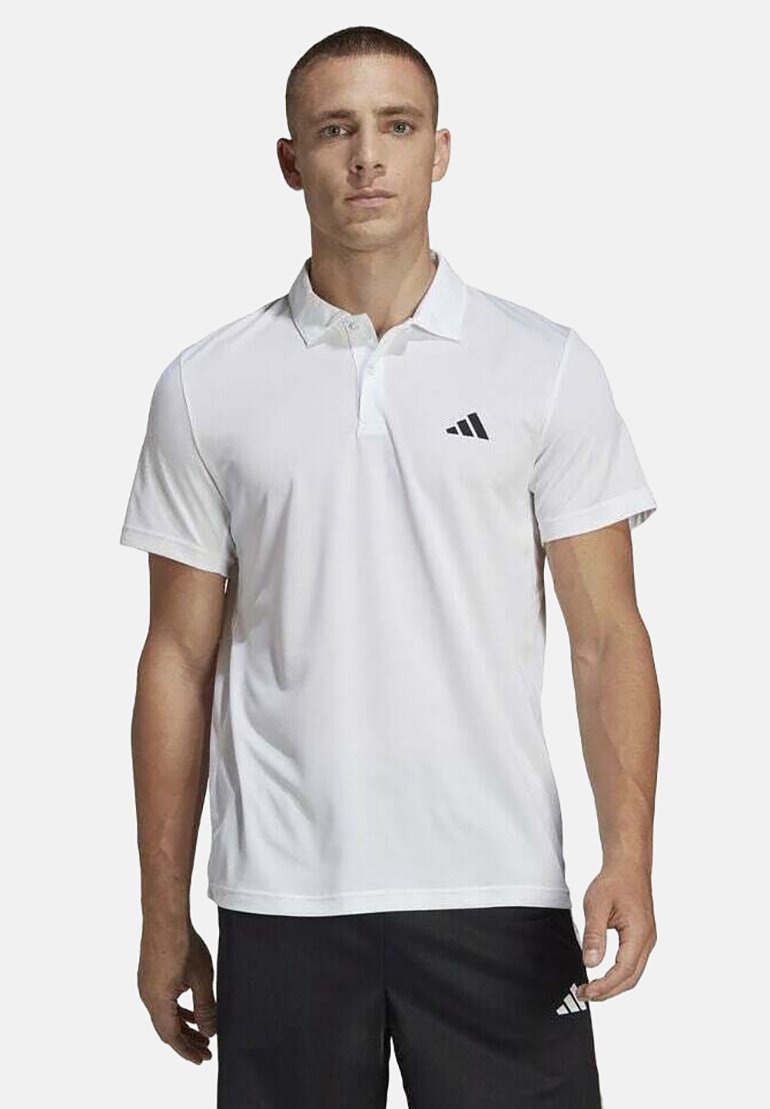 Witte korte mouwen polo shirt voor heren, gemaakt van glad stof, met een kraag en een zwart Adidas-logo op de linkerkant van de borst.