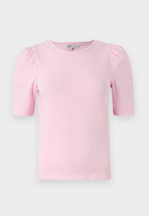 T-shirt rose clair à manches courtes en tissu doux. Dispose d'un col rond classique et de manches bouffantes froncées pour plus de texture.