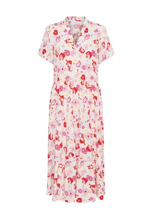 Világos pasztell színekben készült virágos ruha, rövid ujjakkal, V-nyakkal, ráncolt derékkal és redőzött szoknyával, amelyen piros és rózsaszín virágminták találhatók.