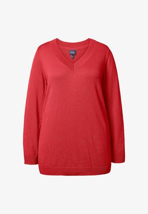 Rød pullover trøje med v-hals, lange ærmer, ribbede manchetter og kant, lavet af blødt stof, med en glat tekstur og jævn farve.