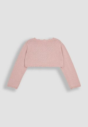 Rosa kurz geschnittenen Pullover mit langen Ärmeln. Stricktextur, gewellter Ausschnitt und Saumdetails. Glattes Material, leichtes Design.