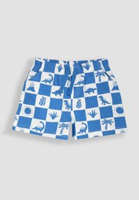 Pantaloni da bagno a quadri blu e bianchi con motivi di dinosauri e palme. Presentano una vita elastica con cordoncino per una vestibilità regolabile.
