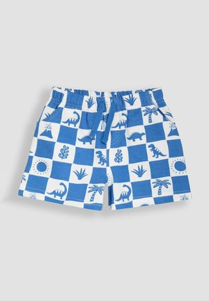 Plave i bijele kostime za kupanje na kockice s uzorkom dinosaura i palmi. Imaju elastičnu struk s vezicom za prilagodljivo podešavanje.