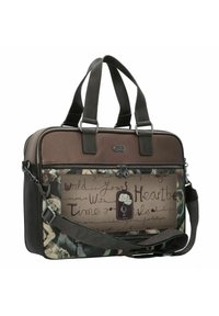 Braune synthetische Tasche mit doppelt verstellbaren Griffen, Reißverschluss und abnehmbarem Schultergurt. Floraldesign mit handgeschriebenen Textdetails.