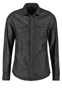 Czarna bluzka z długim rękawem z denimu, z zapięciem na guziki, dwiema kieszeniami na piersi oraz spiczastym kołnierzykiem. Gładka tekstura z dopasowanym krojem.