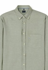 Hellgrünes Hemd mit Knopfleiste aus weichem Stoff. Verfügt über einen Kragen, Vorderentaschen und dezente Nahtdetails. Klassischer Schnitt und Design.