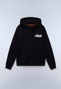 Czarna bluza z kapturem z przednią kieszenią kangurką i białym logo "Napapijri Since 1987" na lewej piersi.