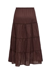 Falda midi marrón con volantes, cintura elástica y adorno decorativo de encaje horizontal sobre tejido ligero.