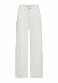 Pantalones de pierna ancha blancos, hechos de algodón suave, con cierre de botón, dos bolsillos frontales y un ajuste holgado y relajado. Textura suave.