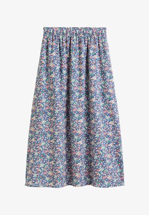 Niebieska spódnica midi z elastycznym pasem, ozdobiona gęstym kwiatowym wzorem w kolorach różowym, białym i zielonym.