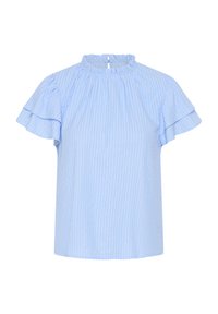 Blouse bleu clair à manches courtes avec manches volantées et fines rayures blanches verticales, encolure froncée et petite fermeture bouton en forme d’œil à l’arrière.