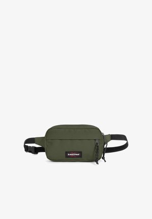 Mała oliwkowo-zielona nerka z czarnym regulowanym paskiem, dwoma zamykanymi na suwak przegródkami i logo Eastpak na przedniej kieszeni.
