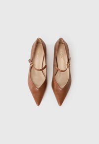 Bruine leren ballerina's met een puntige neus en een laag uitgesneden ontwerp, voorzien van een dunne enkelband en een kleine gouden gesp voor sluiting.