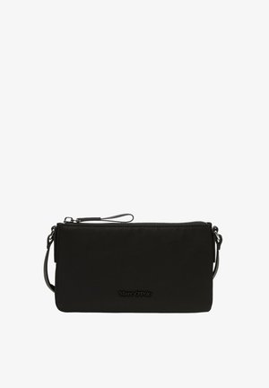 Black fabric clutch bag with a zipper closure, detachable strap, embossed logo, and smooth texture. Rectangular shape, minimalistic design.