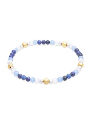 Stretch bracelet with alternating blue, white, gold, and silver beads arranged in a balanced pattern on a white background.