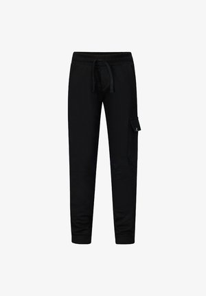 Zwarte joggingbroek met een elastische tailleband, een trekkoord, een zijvak en geribbelde boorden voor een taps toelopende pasvorm.