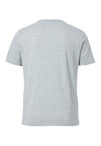 Camiseta gris de manga corta hecha de suave material de algodón. Presenta un diseño de cuello redondo sencillo. Sin patrones ni acentos visibles.