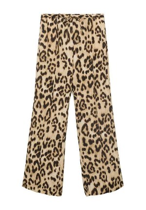 Leopard print wide-leg pants in beige and brown, featuring a drawstring waist, smooth fabric, and a relaxed fit.