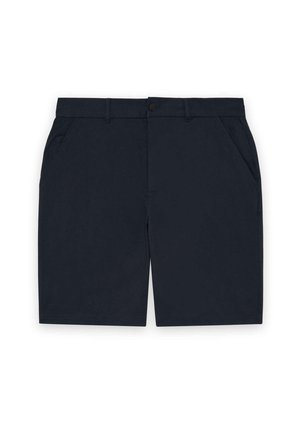 Shorts décontractés bleu marine foncé avec passants pour ceinture, fermeture avant à bouton, et poches latérales inclinées, présentés à plat sur un fond blanc.